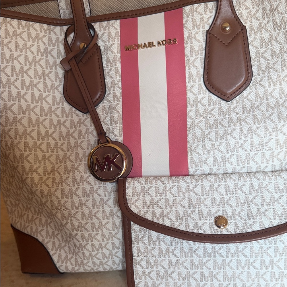 Michael Kors Cream Signature Tote with Pink & White Stripe